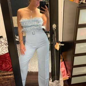 Light blue feathered jumpsuit